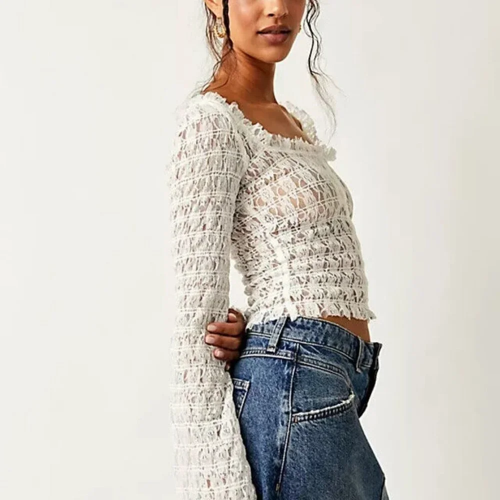 Free People FP One Madison Top Smocked Sheer Ivory New